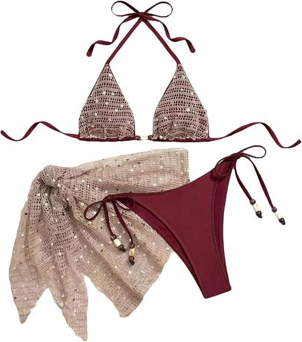Women's 3 Piece Sequin Textured Cute Bathing Suit Halter High Waisted Summer Swimsuit Bikini Set in Kuwait