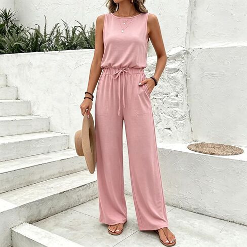 One Piece Jumpsuits for Women Dressy Casual Sleeveless Crewneck Wide Leg Rompers Jumpers Vacation Summer Outfits in Kuwait