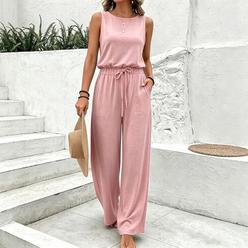 One Piece Jumpsuits for Women Dressy Casual Sleeveless Crewneck Wide Leg Rompers Jumpers Vacation Summer Outfits in Kuwait