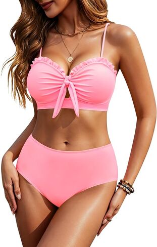 HORISUN 2 Piece Bikini Set for Women Knotted Front High Waisted Swimsuits Ruffle Trim Bathing Suit Beach Swimwear in Saudi Arabia