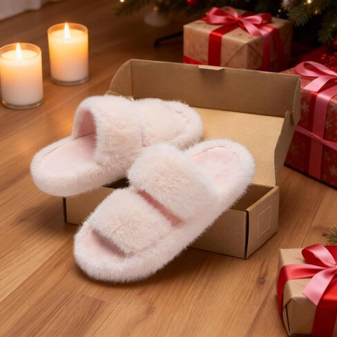Womens Fuzzy Open-toe Slippers Fluffy Soft Comfy Memory Foam Indoor House Shoes Faux Fur in Saudi Arabia