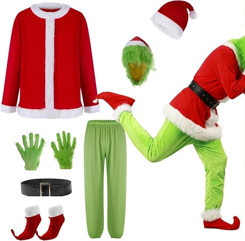 Adrinfly 7pcs Christmas Big Monster Santa Suit for Adult Green Deluxe Santa Costume With Mask in Saudi Arabia