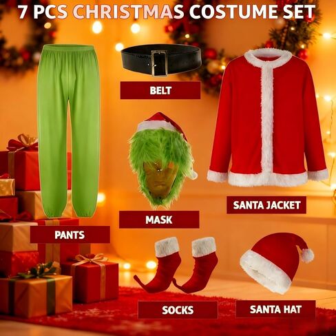 Adrinfly 7pcs Christmas Big Monster Santa Suit for Adult Green Deluxe Santa Costume With Mask in Saudi Arabia