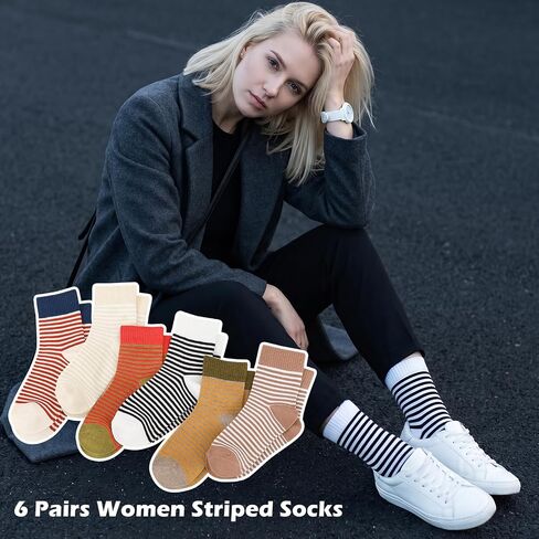Womens Strip Crew Socks 6 Pairs Ankle Casual Athletic Socks Cute College Style Ribbed Colorful Crew Sock in Saudi Arabia