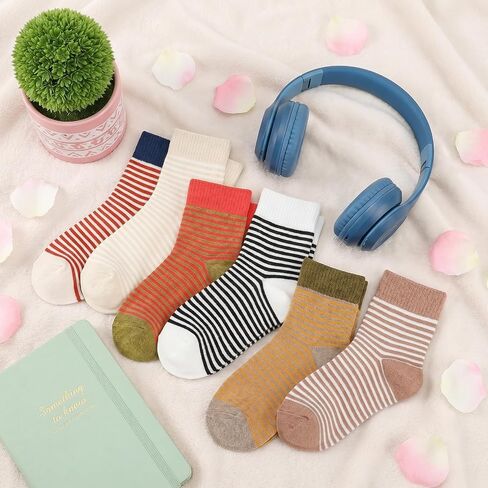 Womens Strip Crew Socks 6 Pairs Ankle Casual Athletic Socks Cute College Style Ribbed Colorful Crew Sock in Saudi Arabia