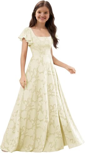 Flutter Short Sleeves Junior Bridesmaid Dresses with High Side Slit Floral Burnout Chiffon Girls Wedding Guest Dress in Saudi Arabia