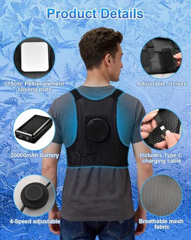Cooling Vest with 175cm² Semiconductor Cooling Plate | 20000mAh Battery, 12V Power Output, 4 Adjustment Modes, Portable Wearable Back Air Conditioner, Outdoor Work, Hiking in Kuwait