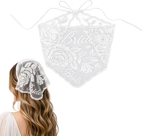 Bride Headscarf, White Lace Embroidered Tulle Bandana Headwear for Women Wedding Bridal Shower Veil Headband Decorations Bachelorette Party Head Scarf Gift & Accessories in Kuwait