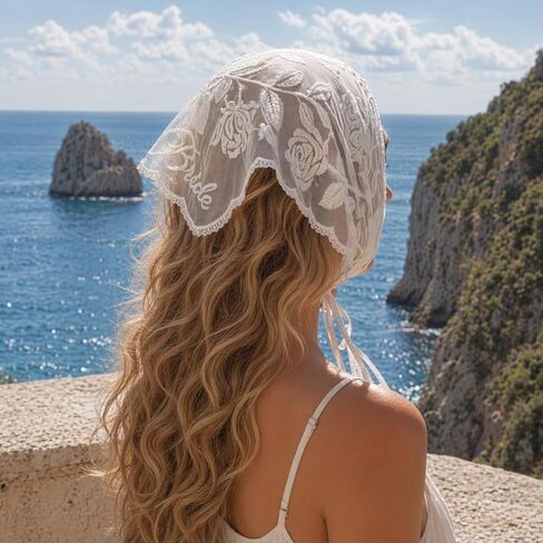 Bride Headscarf, White Lace Embroidered Tulle Bandana Headwear for Women Wedding Bridal Shower Veil Headband Decorations Bachelorette Party Head Scarf Gift & Accessories in Kuwait