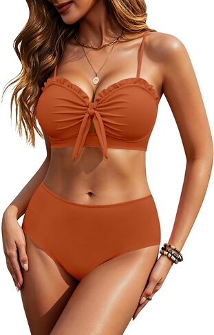 HORISUN 2 Piece Bikini Set for Women Knotted Front High Waisted Swimsuits Ruffle Trim Bathing Suit Beach Swimwear in Saudi Arabia