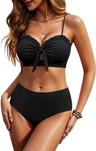 HORISUN 2 Piece Bikini Set for Women Knotted Front High Waisted Swimsuits Ruffle Trim Bathing Suit Beach Swimwear in Saudi Arabia