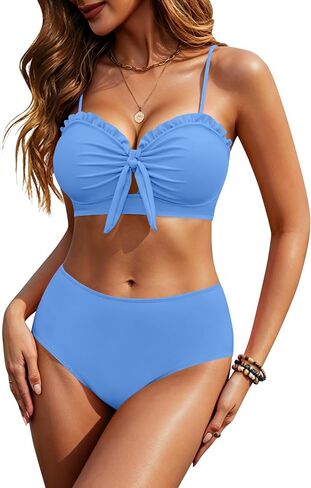 HORISUN 2 Piece Bikini Set for Women Knotted Front High Waisted Swimsuits Ruffle Trim Bathing Suit Beach Swimwear in Saudi Arabia