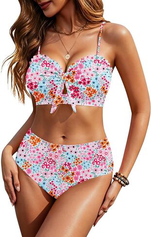 HORISUN 2 Piece Bikini Set for Women Knotted Front High Waisted Swimsuits Ruffle Trim Bathing Suit Beach Swimwear in Saudi Arabia