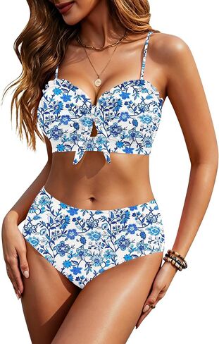 HORISUN 2 Piece Bikini Set for Women Knotted Front High Waisted Swimsuits Ruffle Trim Bathing Suit Beach Swimwear in Saudi Arabia