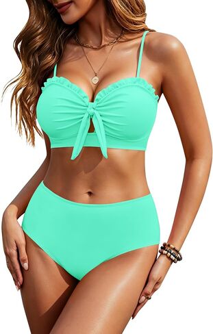 HORISUN 2 Piece Bikini Set for Women Knotted Front High Waisted Swimsuits Ruffle Trim Bathing Suit Beach Swimwear in Saudi Arabia