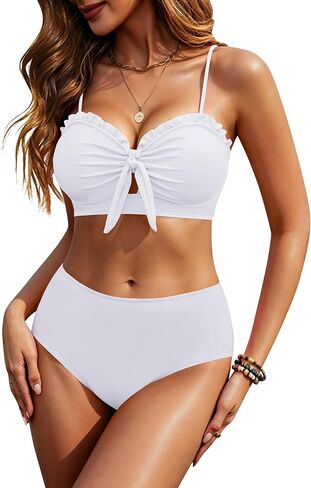 HORISUN 2 Piece Bikini Set for Women Knotted Front High Waisted Swimsuits Ruffle Trim Bathing Suit Beach Swimwear in Saudi Arabia