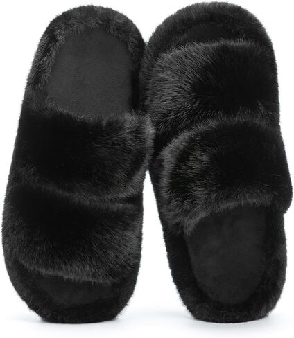 Womens Fuzzy Open-toe Slippers Fluffy Soft Comfy Memory Foam Indoor House Shoes Faux Fur in Saudi Arabia