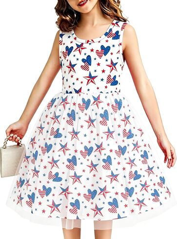 Girls 4th of July Dress Sleeveless American Flag Tulle Dresses for Kids USA Dresses Independence Day Outfit 4-12y in Kuwait