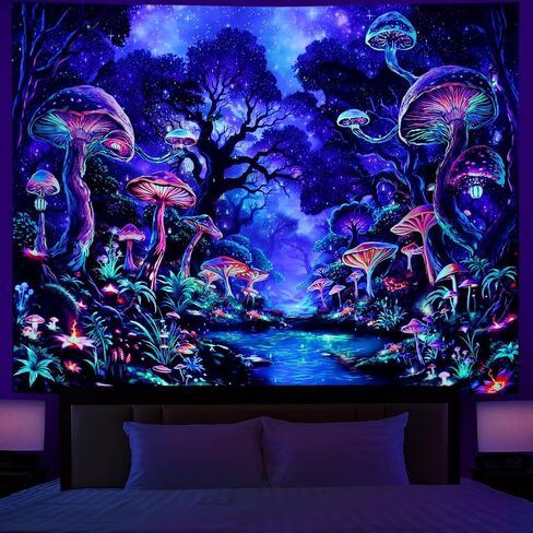 Dermijer Blacklight Mushroom Tapestry UV Reactive Misty Forest Tapestries Fantasy Night Nature Landscape Tapestry Neon Aesthetic Wall Hanging Decor for Bedroom Home 59.1L x 51.2W in Saudi Arabia