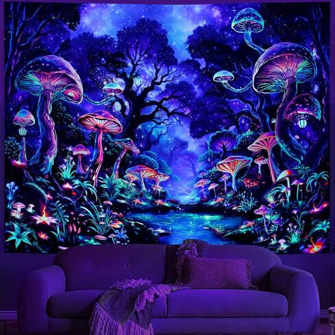 Dermijer Blacklight Mushroom Tapestry UV Reactive Misty Forest Tapestries Fantasy Night Nature Landscape Tapestry Neon Aesthetic Wall Hanging Decor for Bedroom Home 59.1L x 51.2W in Saudi Arabia