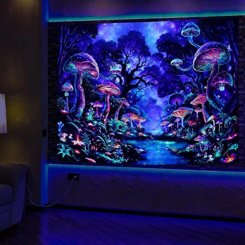 Dermijer Blacklight Mushroom Tapestry UV Reactive Misty Forest Tapestries Fantasy Night Nature Landscape Tapestry Neon Aesthetic Wall Hanging Decor for Bedroom Home 59.1L x 51.2W in Saudi Arabia