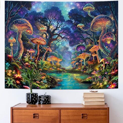 Dermijer Blacklight Mushroom Tapestry UV Reactive Misty Forest Tapestries Fantasy Night Nature Landscape Tapestry Neon Aesthetic Wall Hanging Decor for Bedroom Home 59.1L x 51.2W in Saudi Arabia