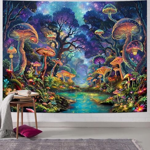 Dermijer Blacklight Mushroom Tapestry UV Reactive Misty Forest Tapestries Fantasy Night Nature Landscape Tapestry Neon Aesthetic Wall Hanging Decor for Bedroom Home 59.1L x 51.2W in Saudi Arabia