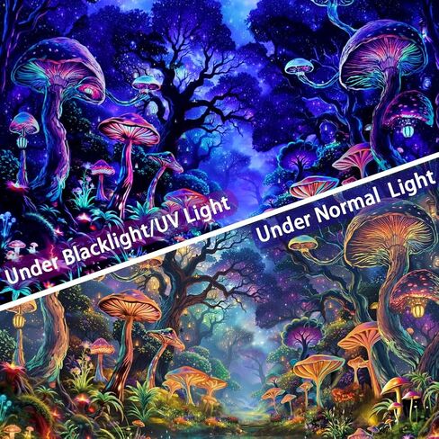 Dermijer Blacklight Mushroom Tapestry UV Reactive Misty Forest Tapestries Fantasy Night Nature Landscape Tapestry Neon Aesthetic Wall Hanging Decor for Bedroom Home 59.1L x 51.2W in Saudi Arabia