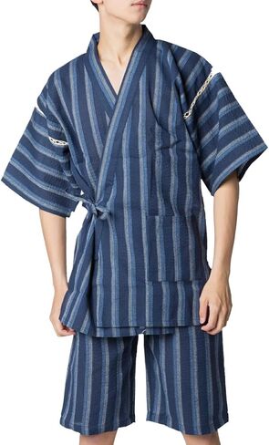 طقم Jinbei Samue الياباني للرجال من Y's Factory - نسيج قطني 100%، أكمام قصيرة وسروال قصير، مقاسات M-4XL in Kuwait