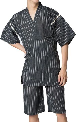طقم Jinbei Samue الياباني للرجال من Y's Factory - نسيج قطني 100%، أكمام قصيرة وسروال قصير، مقاسات M-4XL in Kuwait
