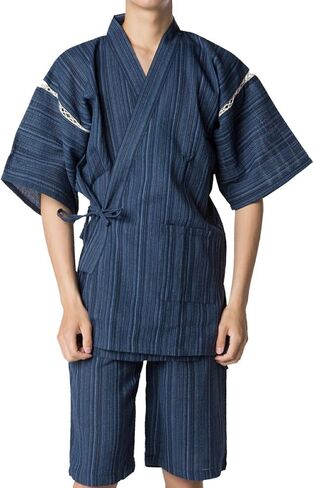 طقم Jinbei Samue الياباني للرجال من Y's Factory - نسيج قطني 100%، أكمام قصيرة وسروال قصير، مقاسات M-4XL in Kuwait