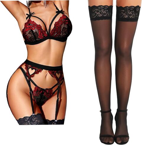 RSLOVE Women Lingerie Set with Garter Belt and Lace Top Thigh High Sheer Stockings in Kuwait