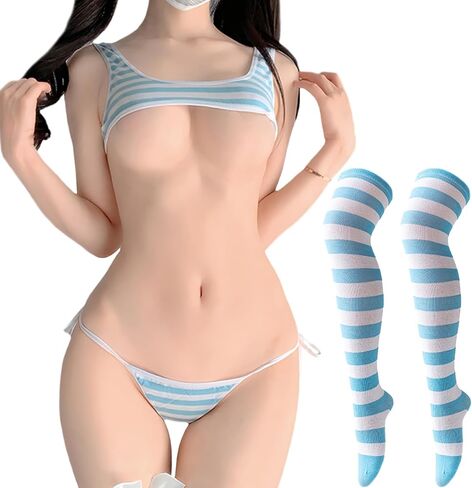 Women Kawaii Anime Cosplay Lingerie Set Halter Strap Micro Bra Tiny Panty with Striped Stockings in Saudi Arabia