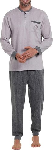 Keyocean Men's Pajama Set, Soft Breathable Long Sleeve Henley Top with Pockets and Elastic Waist Pants for Sleeping Lounging in Saudi Arabia