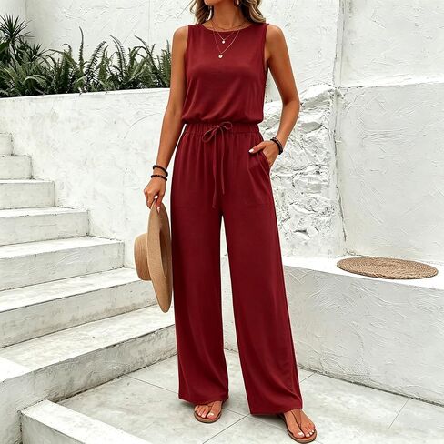 One Piece Jumpsuits for Women Dressy Casual Sleeveless Crewneck Wide Leg Rompers Jumpers Vacation Summer Outfits in Kuwait