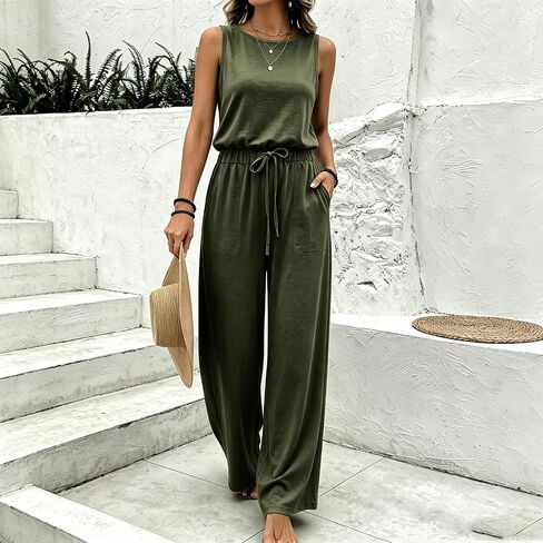 One Piece Jumpsuits for Women Dressy Casual Sleeveless Crewneck Wide Leg Rompers Jumpers Vacation Summer Outfits in Kuwait