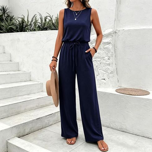 One Piece Jumpsuits for Women Dressy Casual Sleeveless Crewneck Wide Leg Rompers Jumpers Vacation Summer Outfits in Kuwait