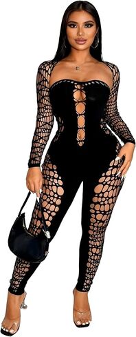 Women's Soft Mesh Bodystocking Hollow Out Bodysuit | Sexy Bodycon Jumpsuit for Club Party Rave Halloween Cosplay in Saudi Arabia