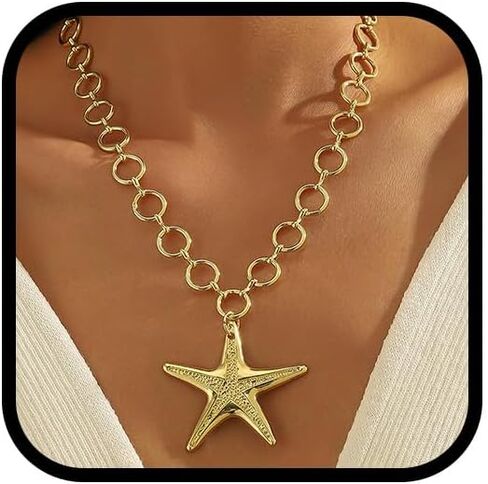 Gold Starfish Necklaces for Women Chunky Big Starfishs Beachy Charm Necklaces Ocean Large Sea Shell Necklace Seashell Beach Vacation Tropical Jewelry in Saudi Arabia