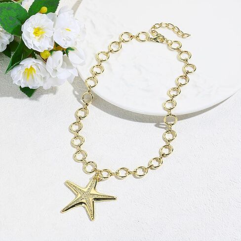 Gold Starfish Necklaces for Women Chunky Big Starfishs Beachy Charm Necklaces Ocean Large Sea Shell Necklace Seashell Beach Vacation Tropical Jewelry in Saudi Arabia