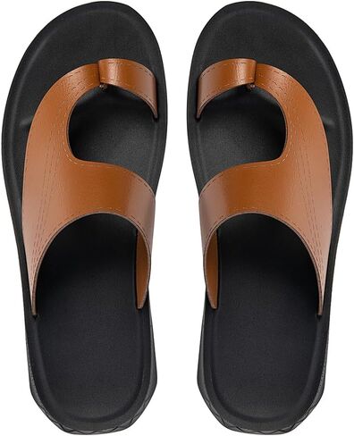 Men's Leather Hollow Flat Flip Flops Sandals Casual Open Toe Comfort Arch Support Soft Bottom Slip On Orthotic Slides Summer Lightweight Anti-Slip Walking Beach Sandals in Saudi Arabia
