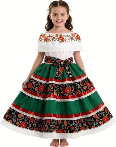 Traditional Mexican Dress for Girls, Cinco de Mayo Outfits Toddler Folklorico Green Dress for Fiesta Halloween Cosplay in Saudi Arabia