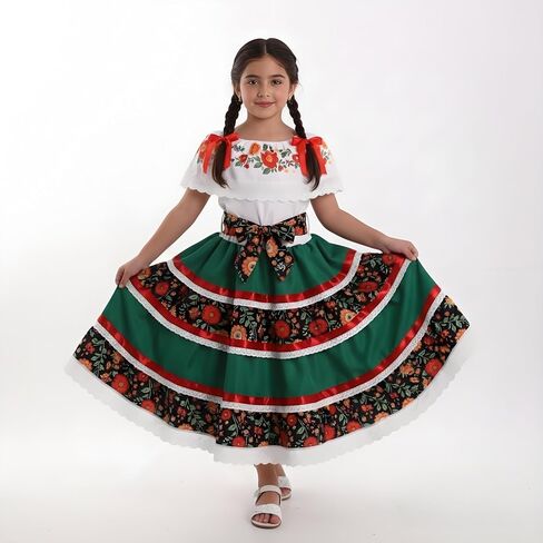 Traditional Mexican Dress for Girls, Cinco de Mayo Outfits Toddler Folklorico Green Dress for Fiesta Halloween Cosplay in Saudi Arabia