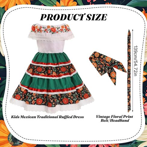 Traditional Mexican Dress for Girls, Cinco de Mayo Outfits Toddler Folklorico Green Dress for Fiesta Halloween Cosplay in Saudi Arabia