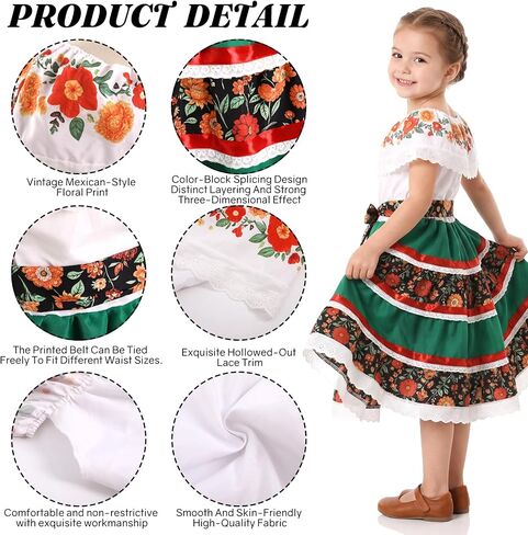 Traditional Mexican Dress for Girls, Cinco de Mayo Outfits Toddler Folklorico Green Dress for Fiesta Halloween Cosplay in Saudi Arabia