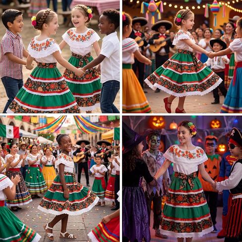 Traditional Mexican Dress for Girls, Cinco de Mayo Outfits Toddler Folklorico Green Dress for Fiesta Halloween Cosplay in Saudi Arabia