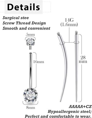 Surgical Stainless Steel Long and Extra Long Bar Belly Button Ring Internal Thread Hypoallergenic 8-14mm 16mm 14 Gauge Navel Rings Cubic Zirconia Buuton Body Piercing Jewelry for Women Men in Saudi Arabia