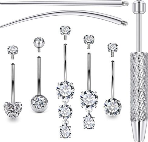 Surgical Stainless Steel Long and Extra Long Bar Belly Button Ring Internal Thread Hypoallergenic 8-14mm 16mm 14 Gauge Navel Rings Cubic Zirconia Buuton Body Piercing Jewelry for Women Men in Saudi Arabia