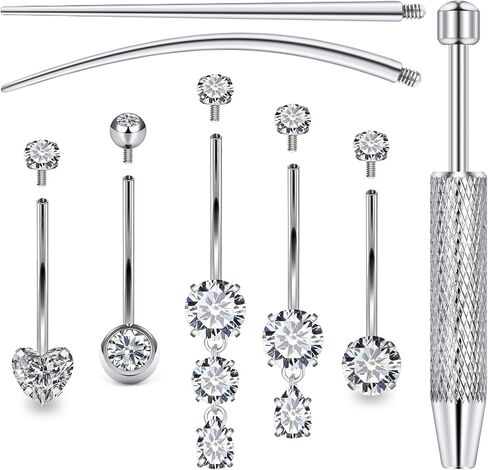 Surgical Stainless Steel Long and Extra Long Bar Belly Button Ring Internal Thread Hypoallergenic 8-14mm 16mm 14 Gauge Navel Rings Cubic Zirconia Buuton Body Piercing Jewelry for Women Men in Saudi Arabia