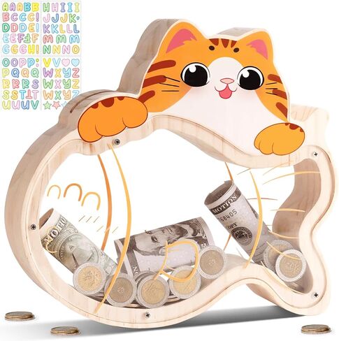 Wooden Cat Piggy Bank for Kids, Unbreakable Kids Money Box with Letter Stickers, Cute Wooden Cashbox Money Bank, Piggy Money Jar Personalizable Birthday Gift, Educational for Boys Girls, Large in Kuwait